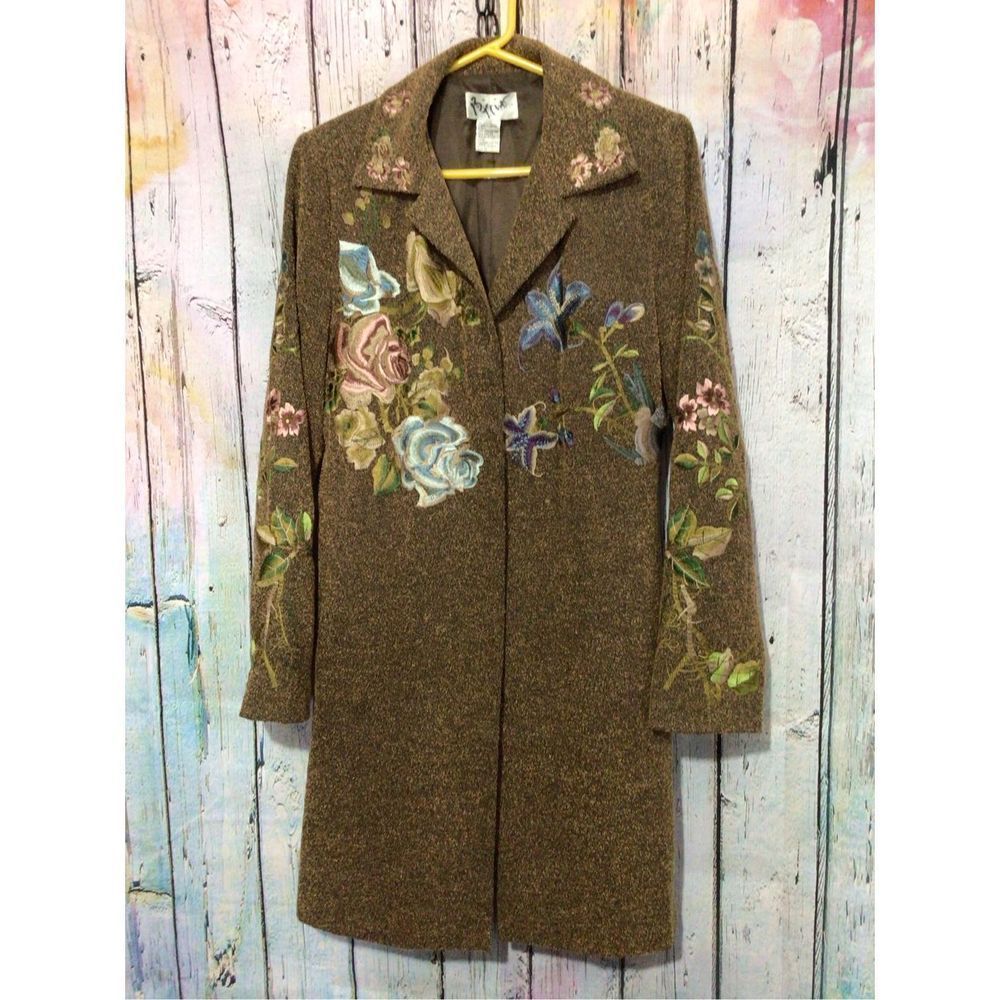 Long Jacket Size 10 Brown Embroidered Tweed Coat PTP 20” - Picture 10 of 14